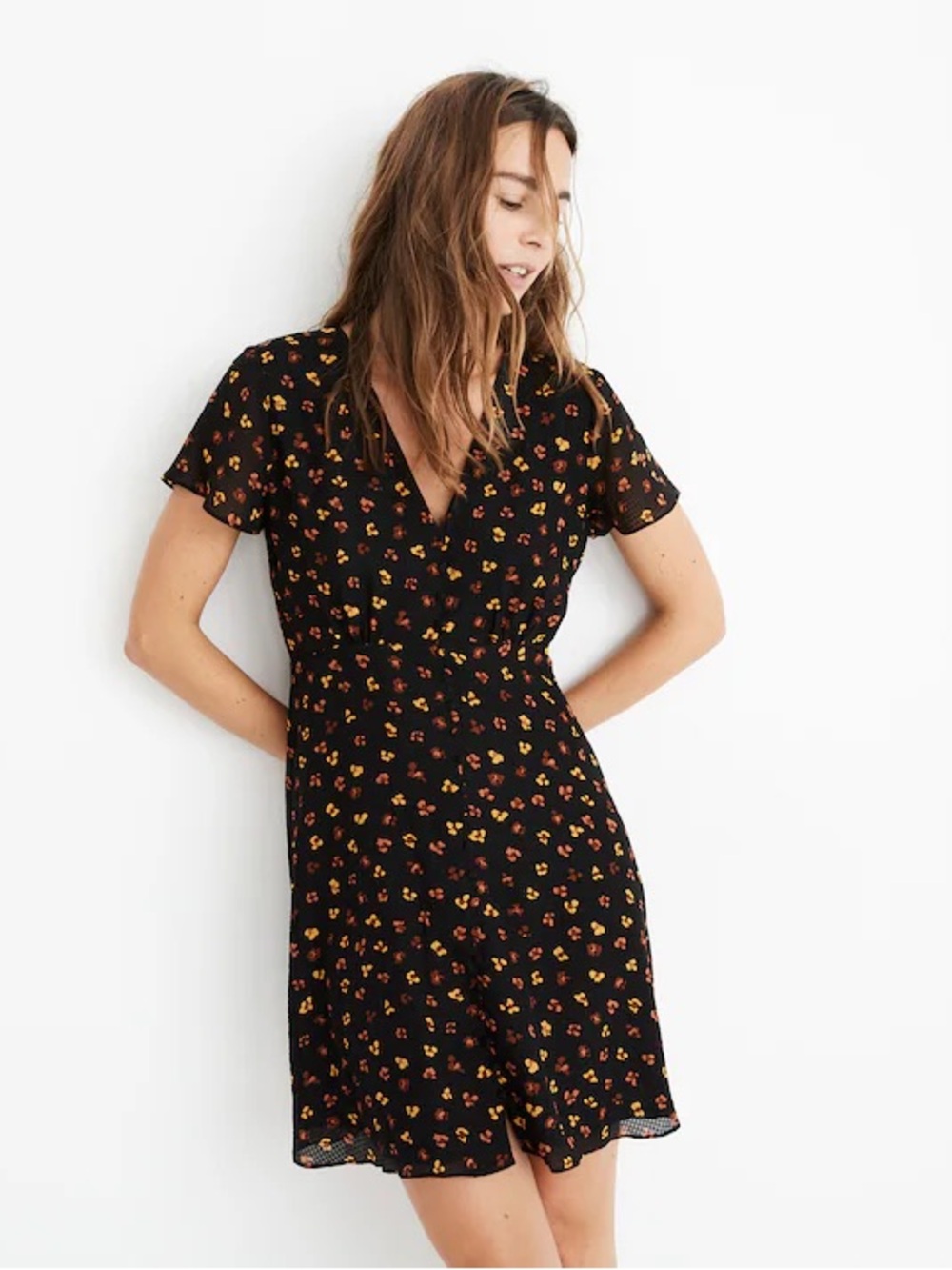 0 Madewell Silk Button-Front Swing Dress in Feline Floral Leopard true black